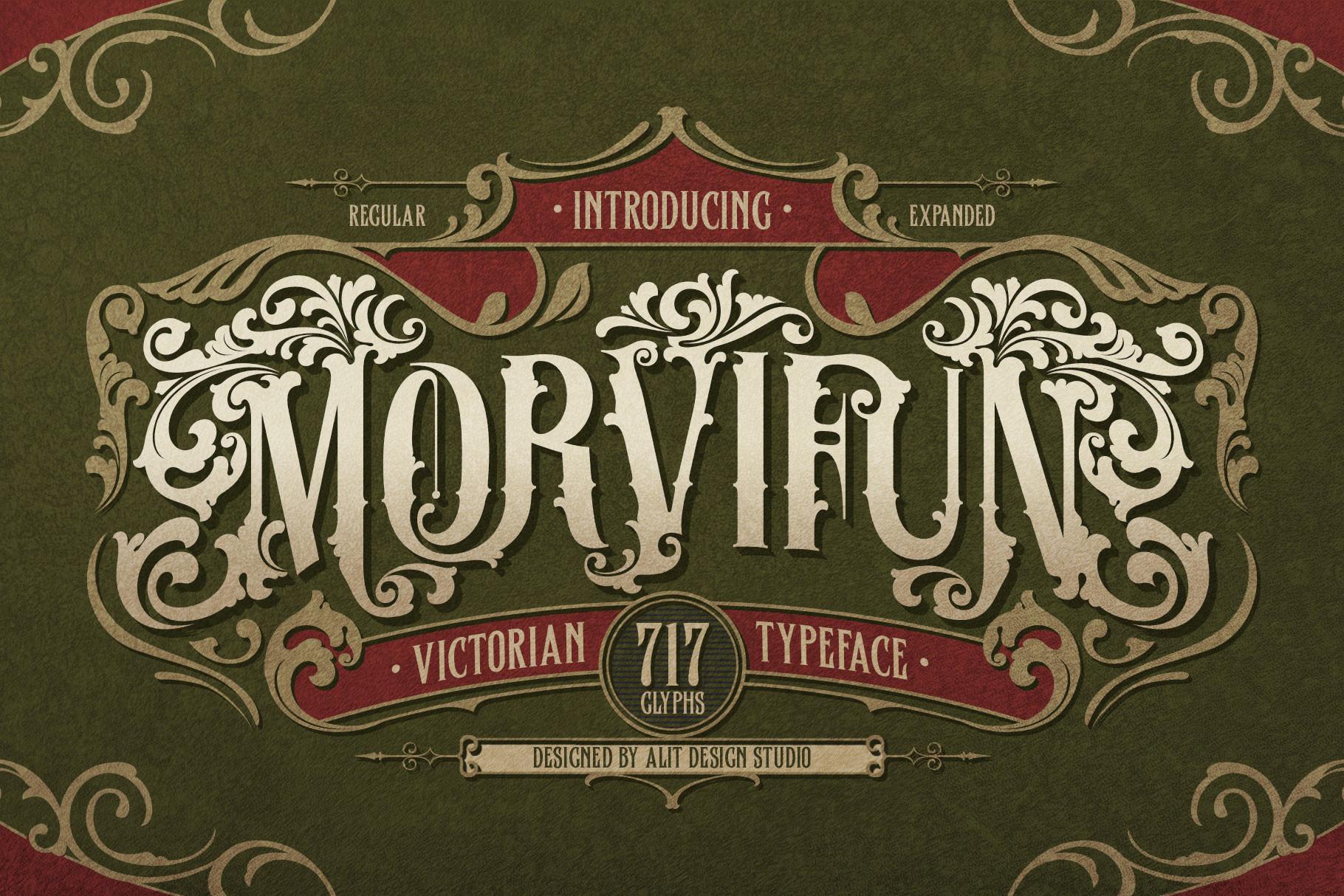 Morvifun Font by Alit Design, ornamental Victorian typeface preview