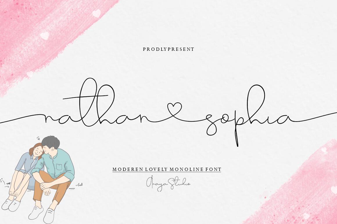 Nathan Sophia Font by Anaya Studio, monoline script with a heart between two names font preview