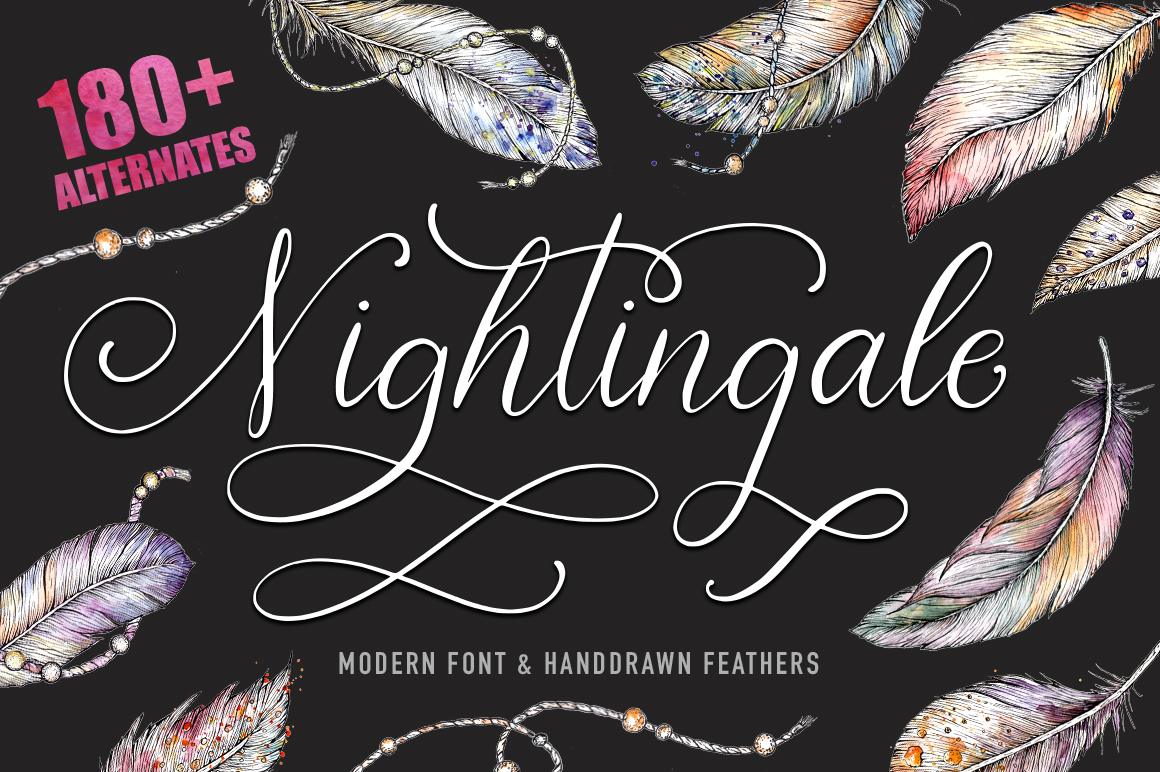 Nightingale Script Font by Red Ink, airy calligraphic script with long swashes on a dark background with drawn feathers font preview