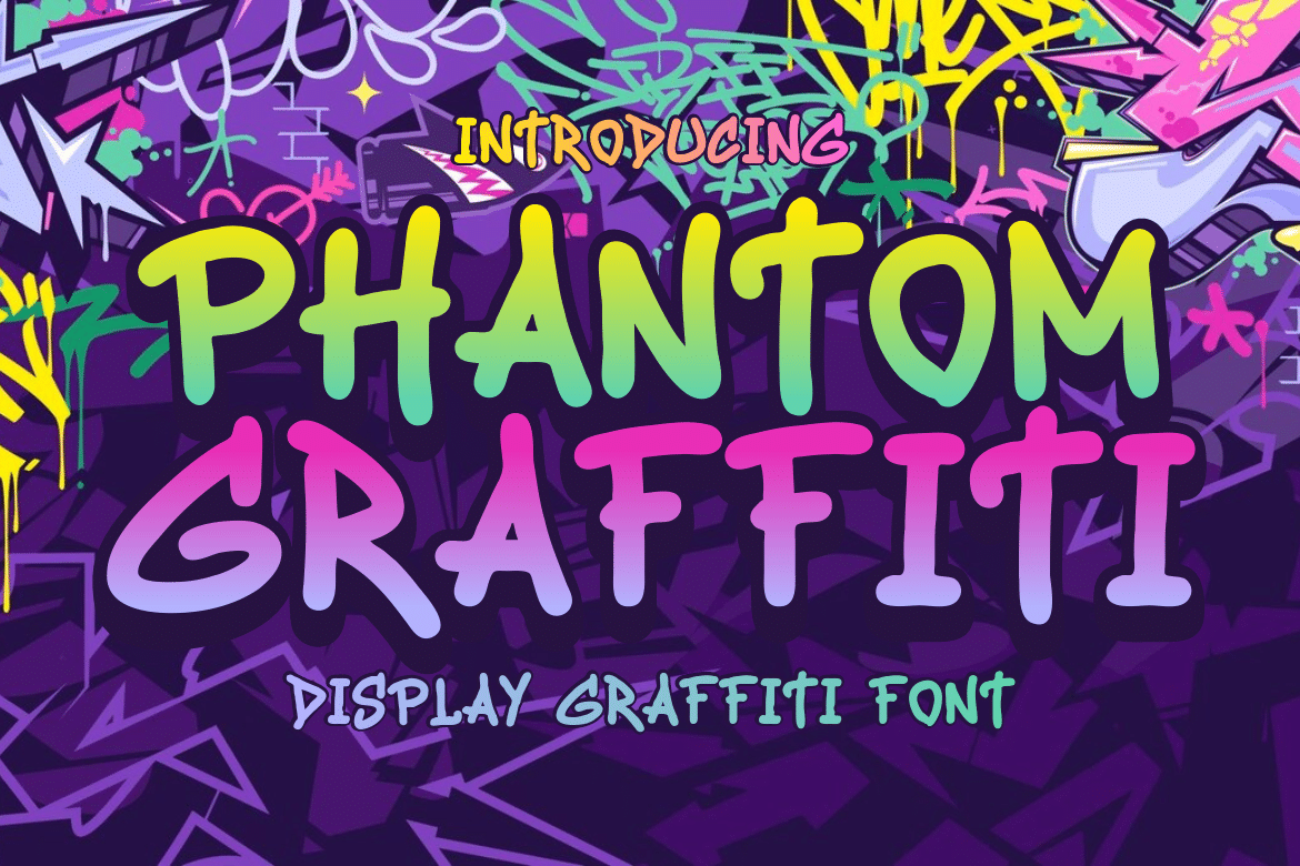 Phantom Graffiti Font by putracetol, green and purple gradient graffiti capitals font preview
