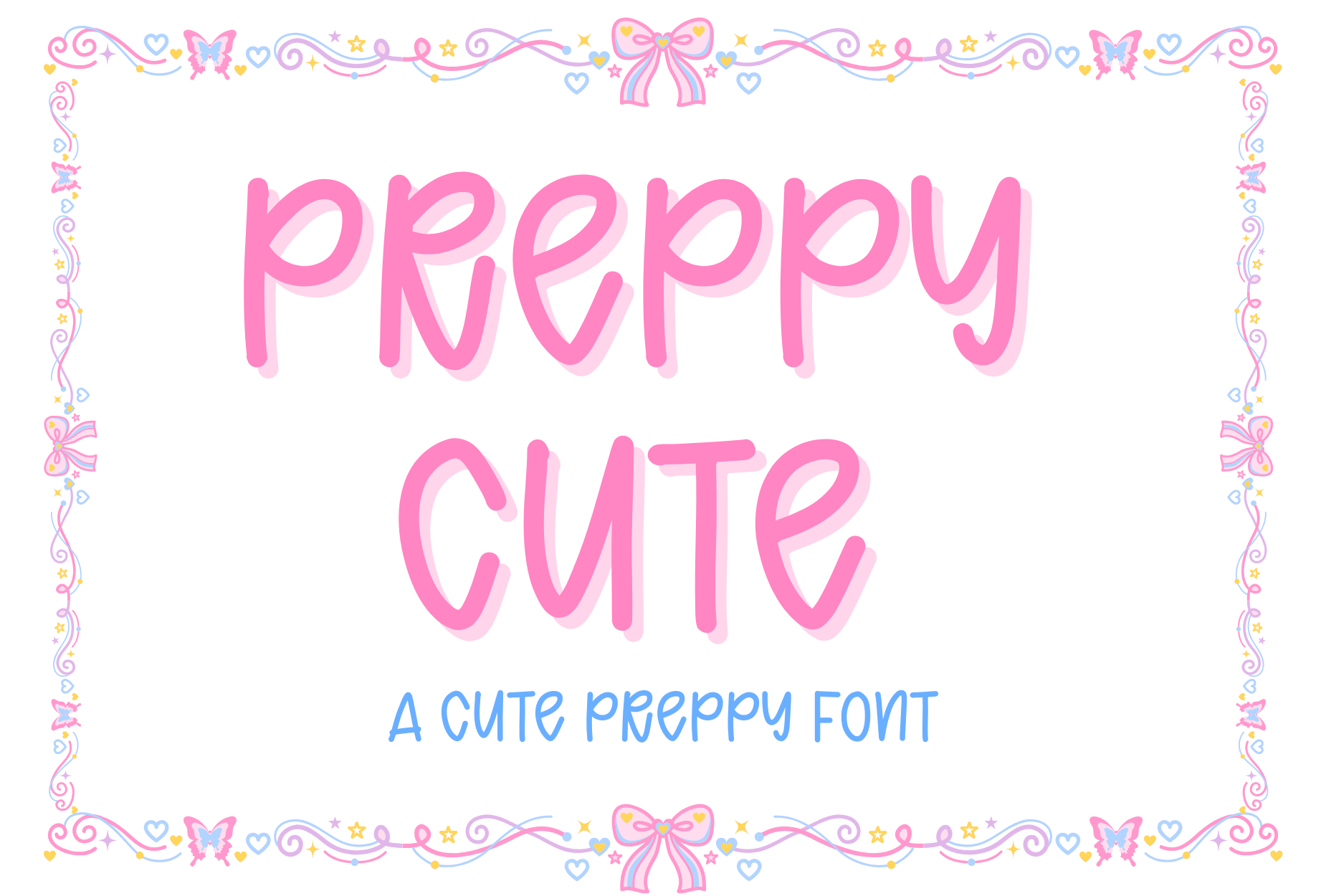 Preppy Cute Font by Bassoonartwork, pink capitals with a soft shadow in a bow border font preview