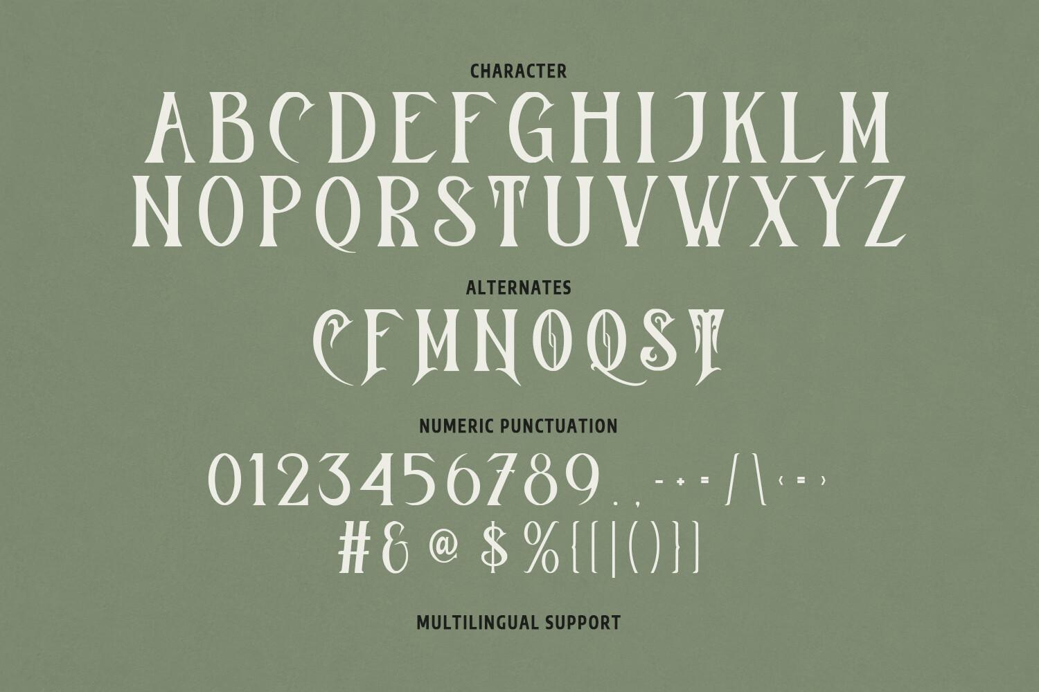 Qlastroy Modern Font by Maulana Creative, modern blackletter with uppercase, alternates and numerals font preview