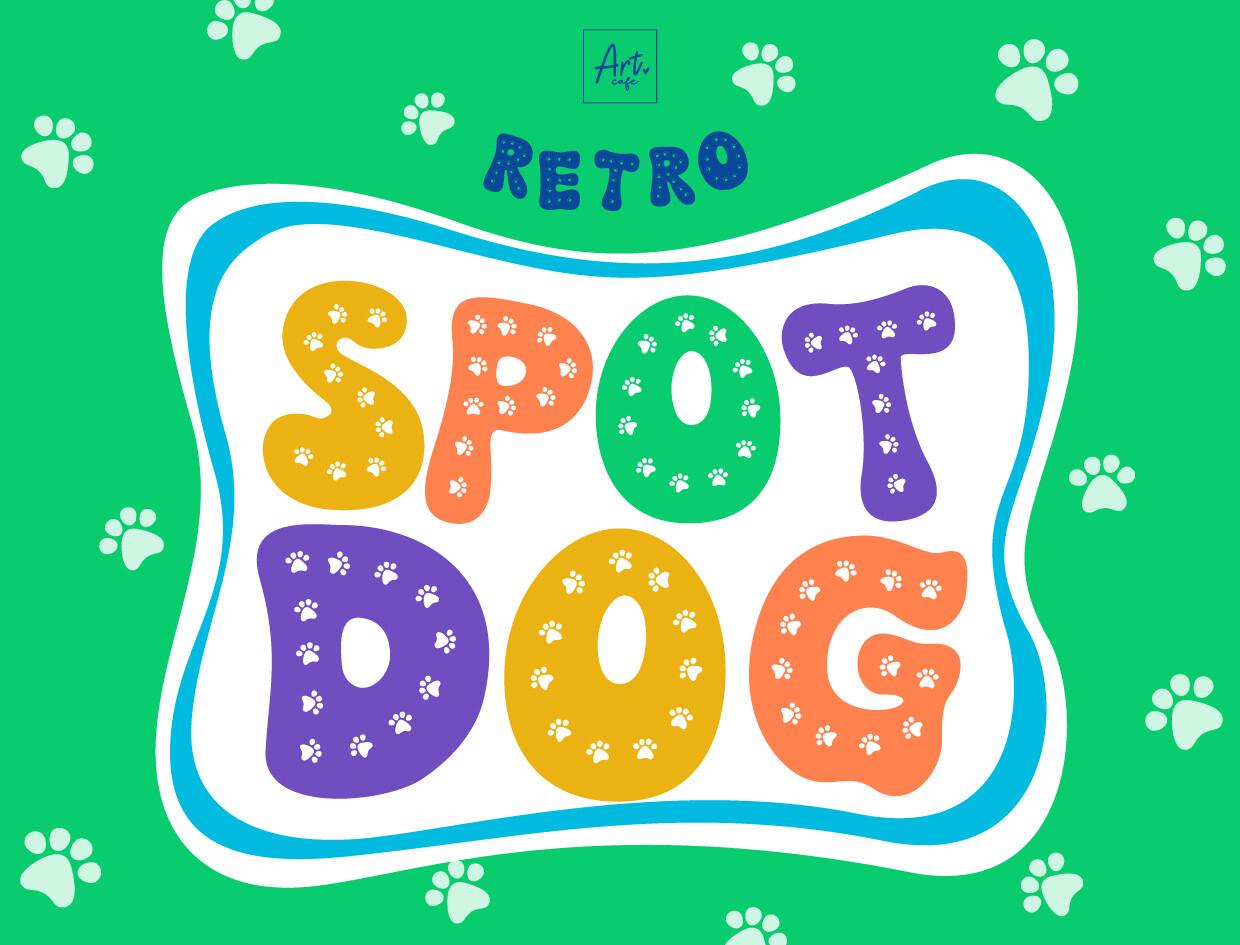 Retro Spot Dog Font by Art cafe, multicolor rounded letters with dots and paw prints font preview