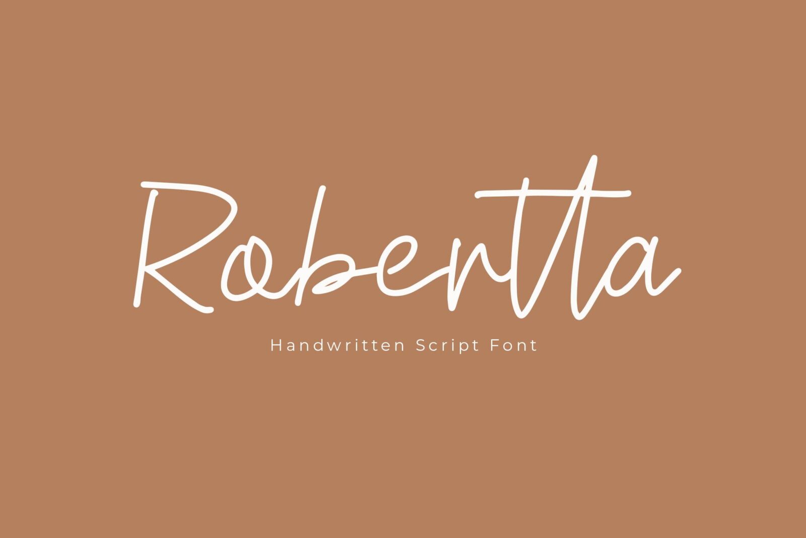 Robertta Font by dwikrisdiantoro9, thin upright handwritten script in white on terracotta font preview