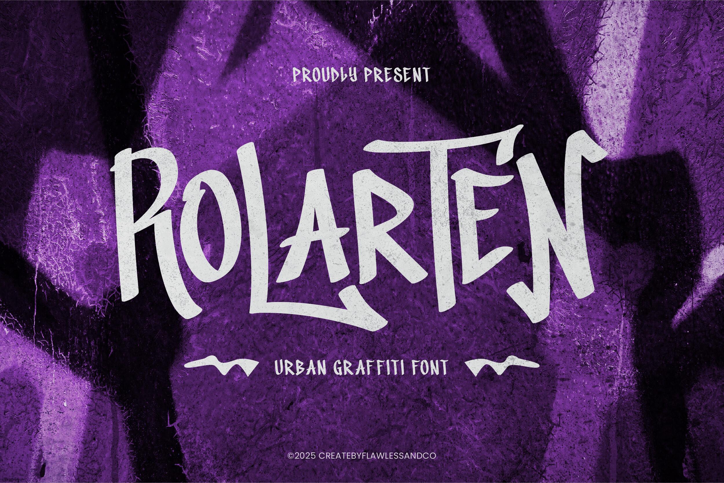 Rolarten Font by Flawless And Co, tall narrow urban graffiti capitals on purple font preview