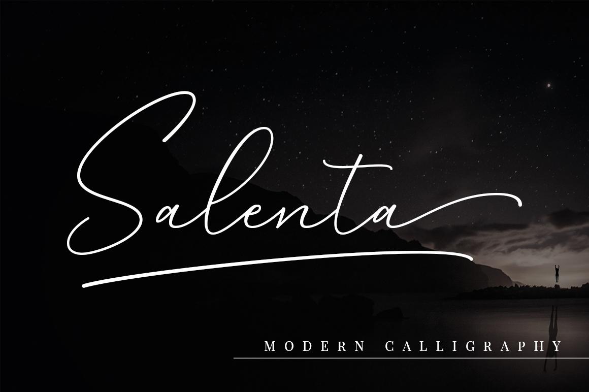Salenta Font by Megatype, signature calligraphy with an underline in white on a night sky font preview