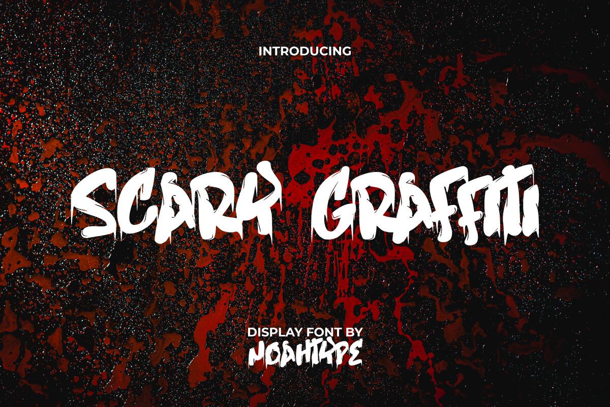 Scary Graffiti Font by NoahType, scratchy white graffiti capitals on red splatter font preview