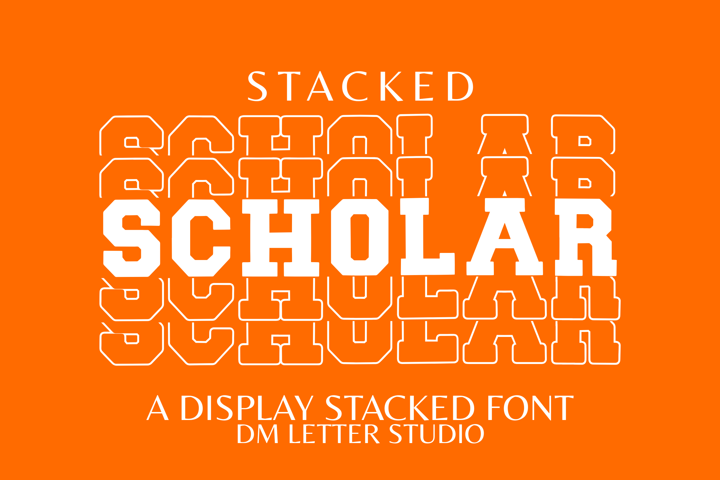 Scholar Stacked Font by Sharon (DmStudio), tall all-caps varsity letters stacked in a vertical style