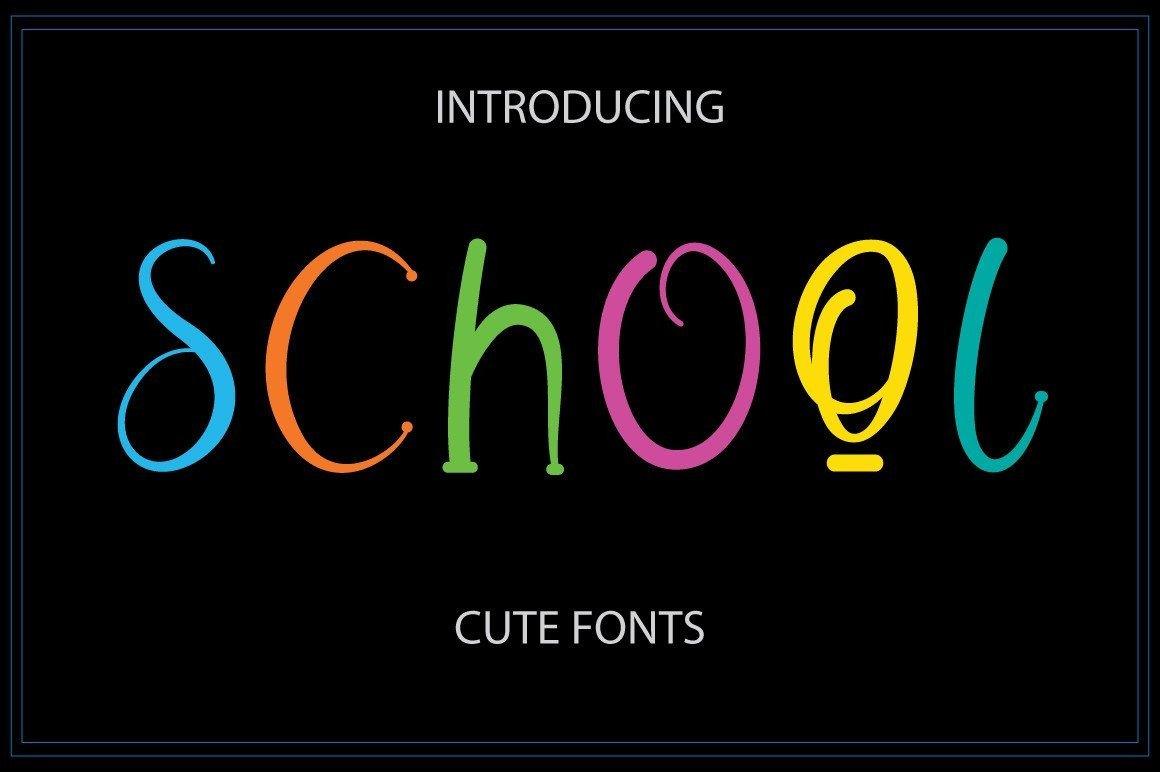 School Font by Bahrul Studio, thin rainbow-colored handwriting on black font preview