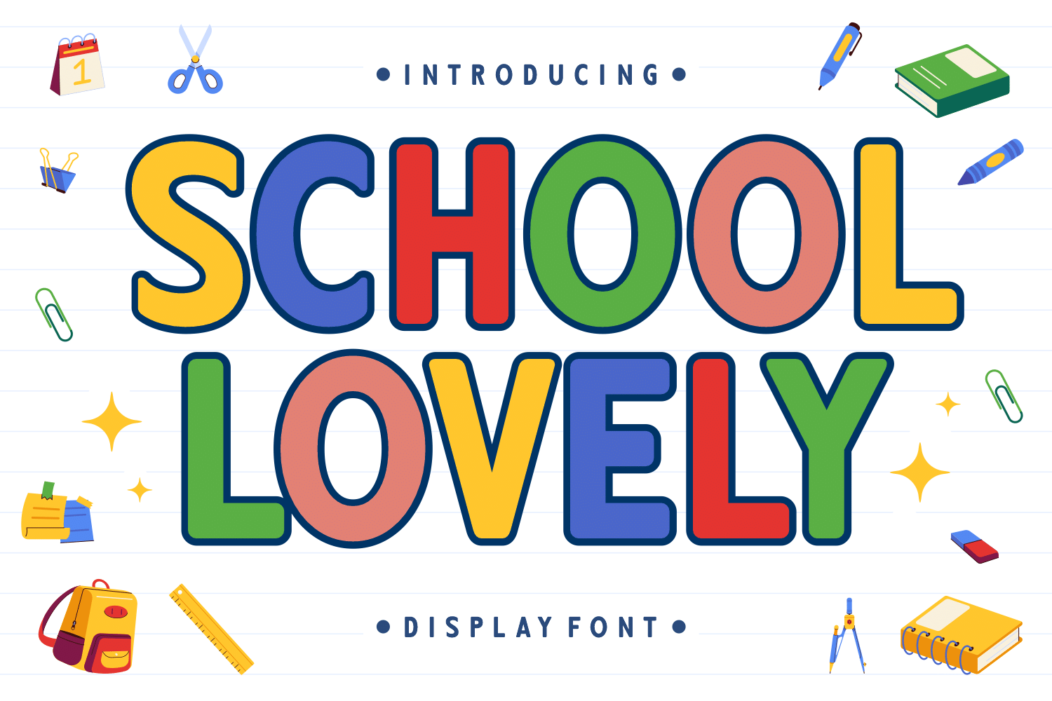 School Lovely Font by Anto (7NTypes), multicolor capitals with a navy outline and school doodles font preview