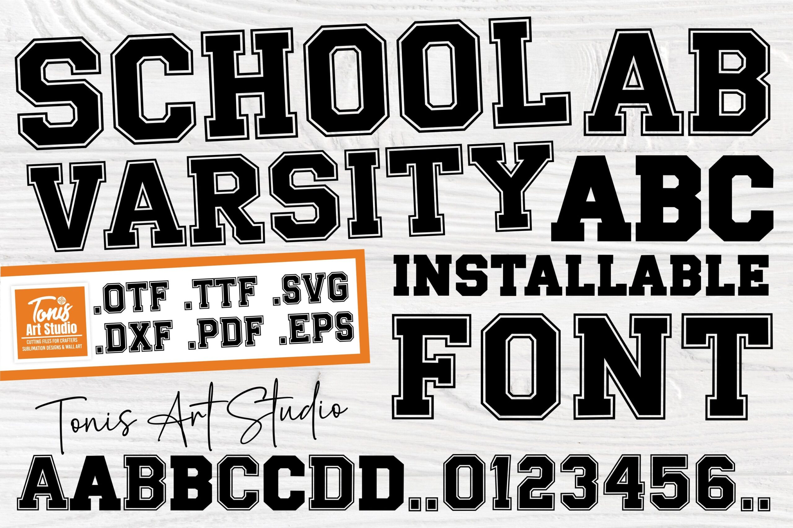 School Varsity Font by TonisArtStudio, black varsity slab capitals with outlines on a white wood texture with a number row