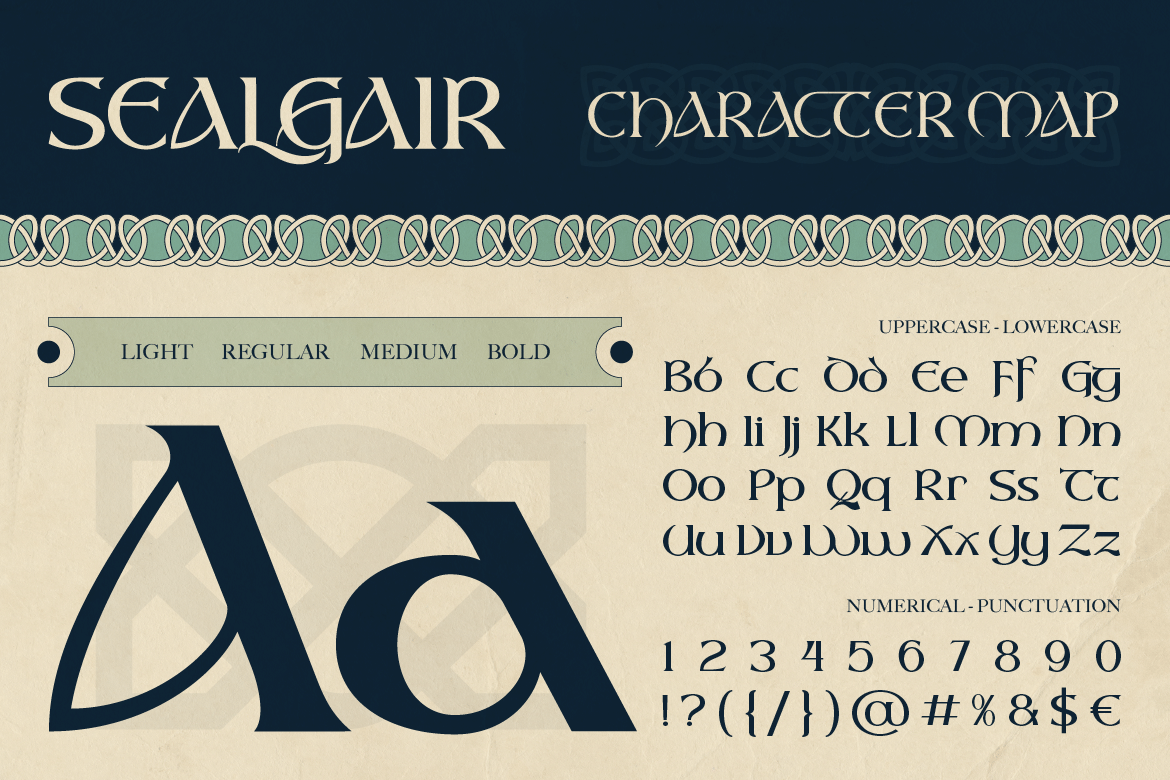 Sealgair Font by Burntilldead, Celtic font character map with numbers font preview