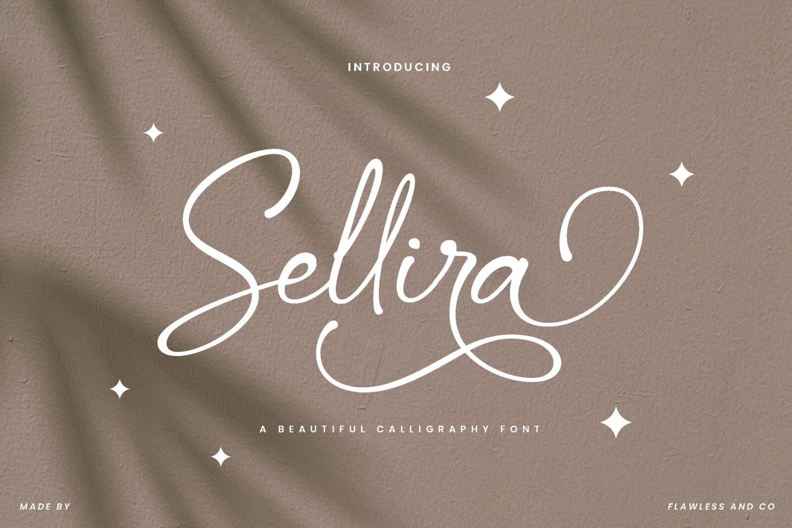 Sellira Font by Flawless And Co, rounded calligraphy with wide looped swashes in white on taupe font preview