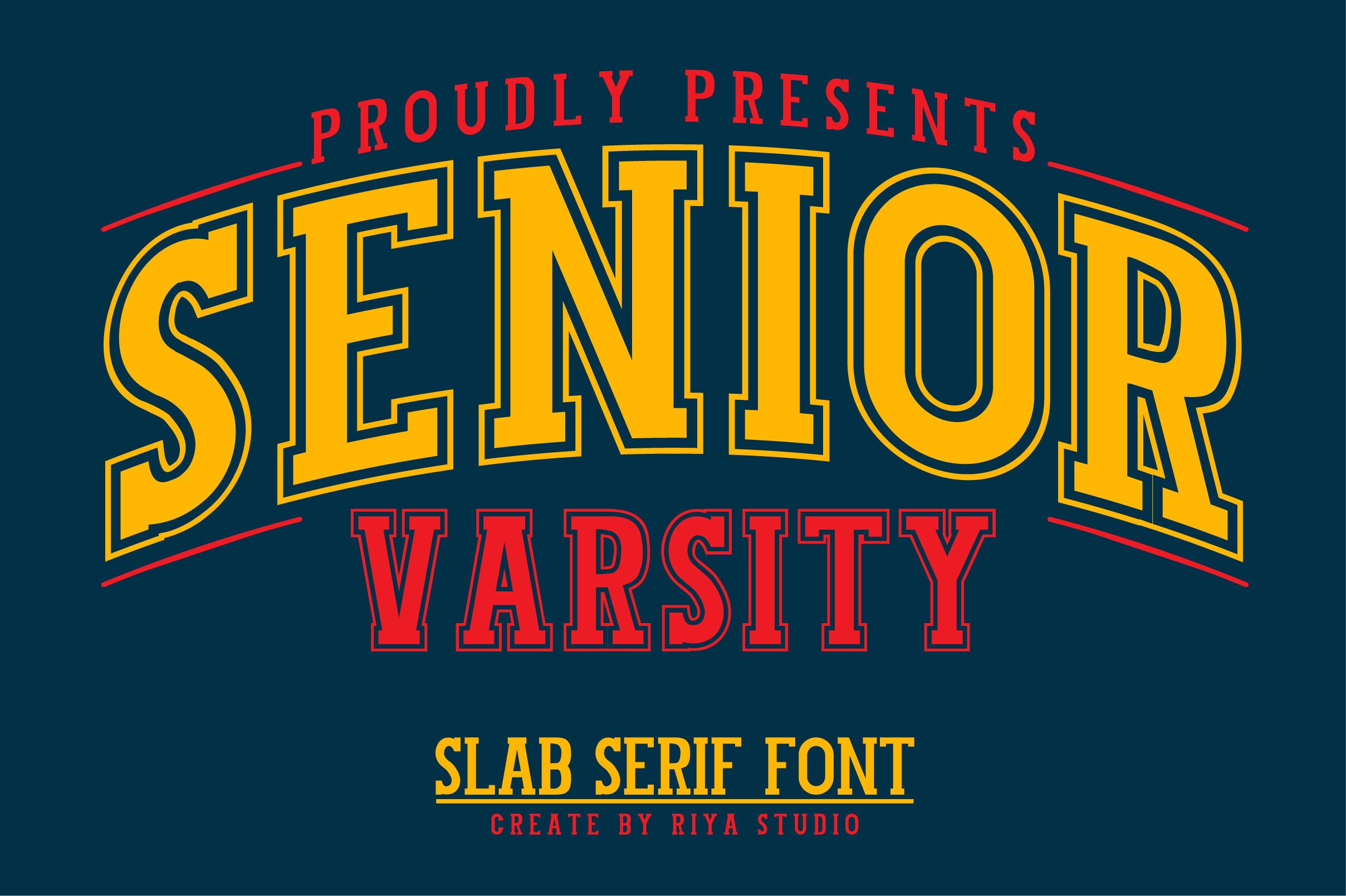 Senior Varsity Font by Riya Studio, yellow slab capitals with a red double outline arched over the word VARSITY on navy