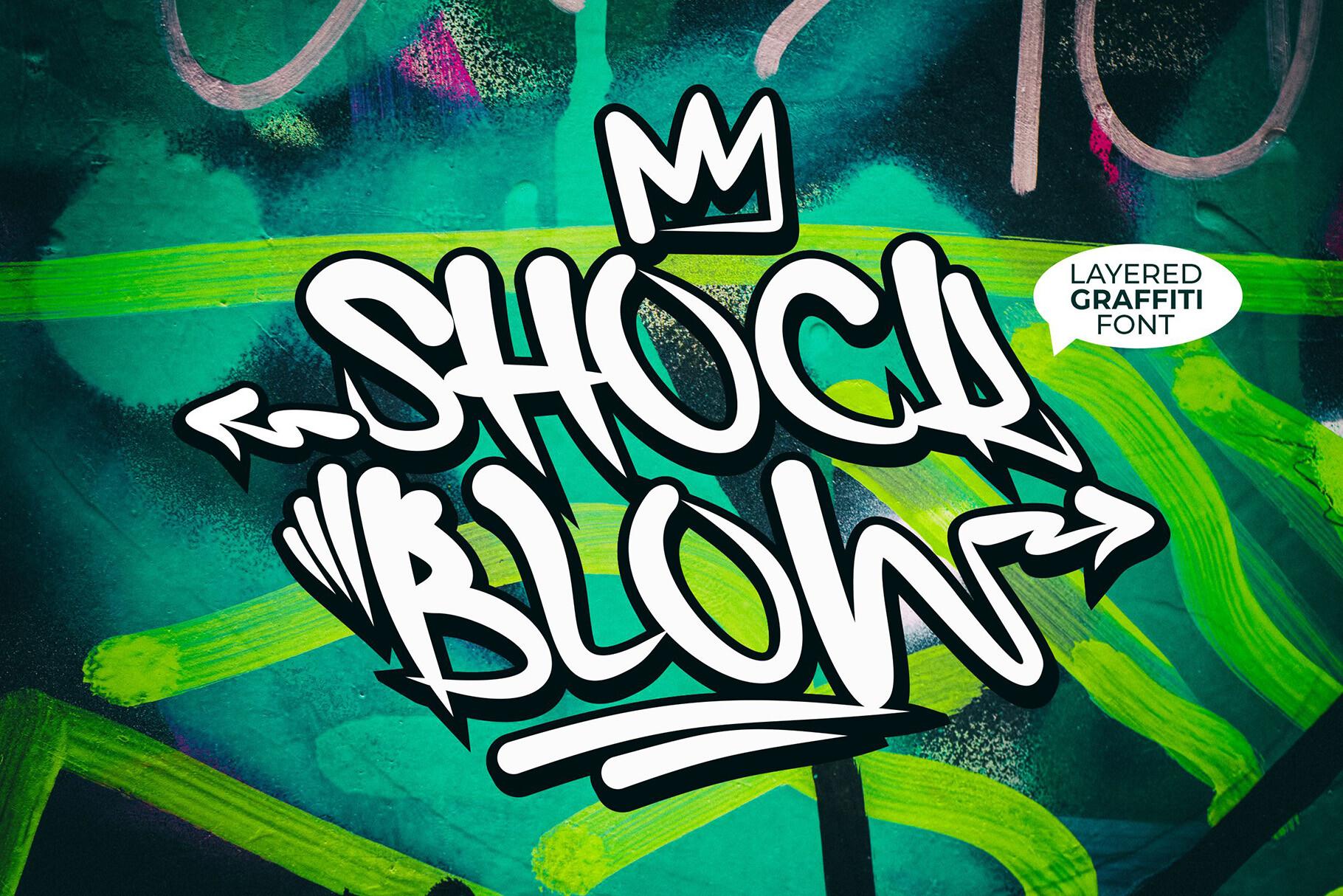 Shock Blow Font by Cikareotype, white handstyle graffiti lettering with swashes font preview