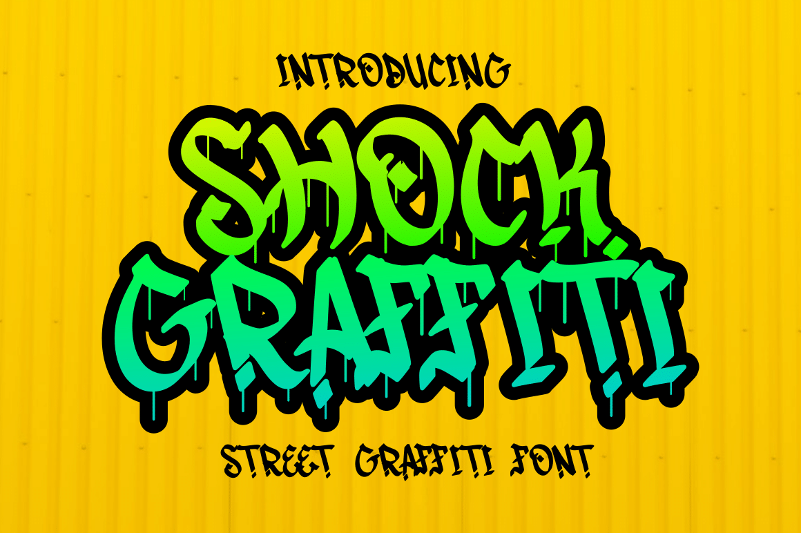 Shock Graffiti Font by Rissyletter Studio, green gradient dripping graffiti lettering on yellow font preview