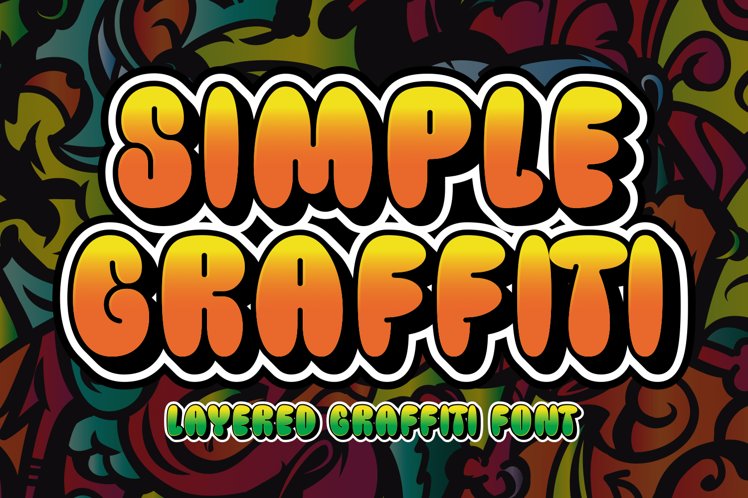 Simple Graffiti Font by Jasm (7NTypes), orange and yellow layered bubble graffiti letters font preview