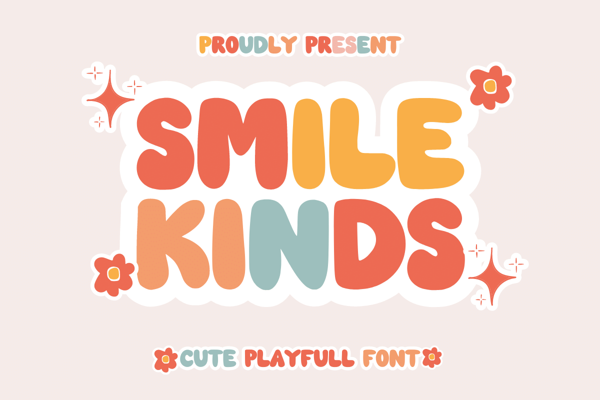 Smile Kinds Font by Sakti Avellin, chunky multicolor rounded letters with flowers font preview
