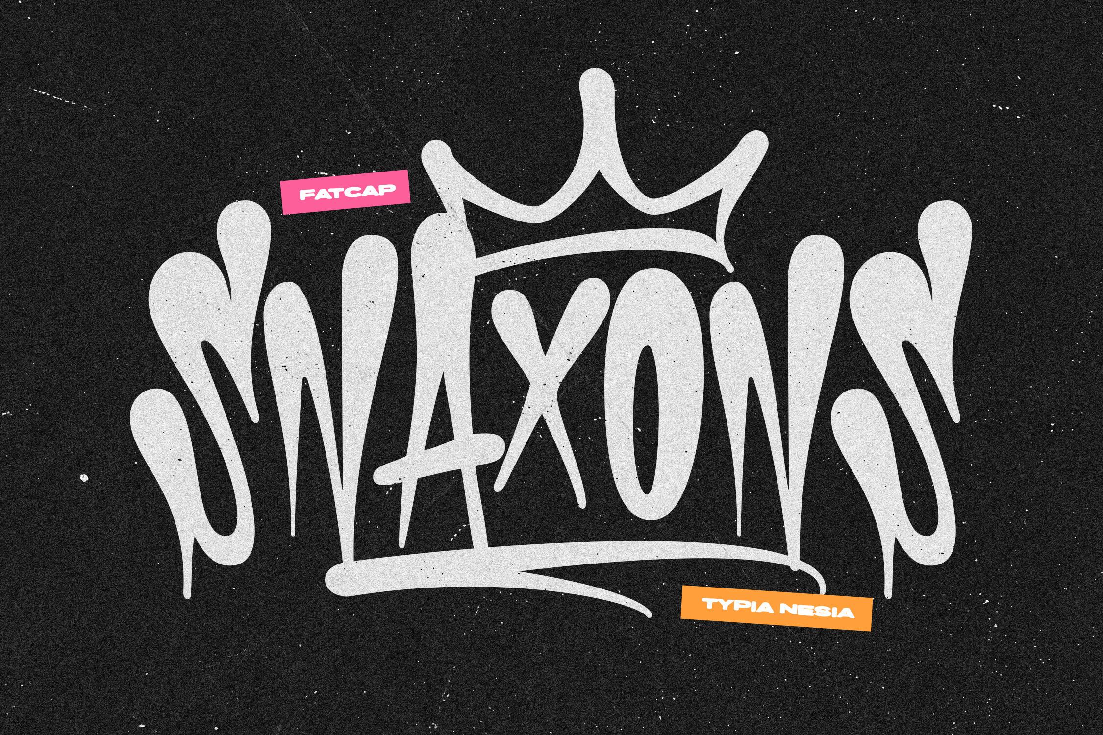 Snaxons Font by Typia Nesia, white fat cap graffiti lettering with a crown font preview