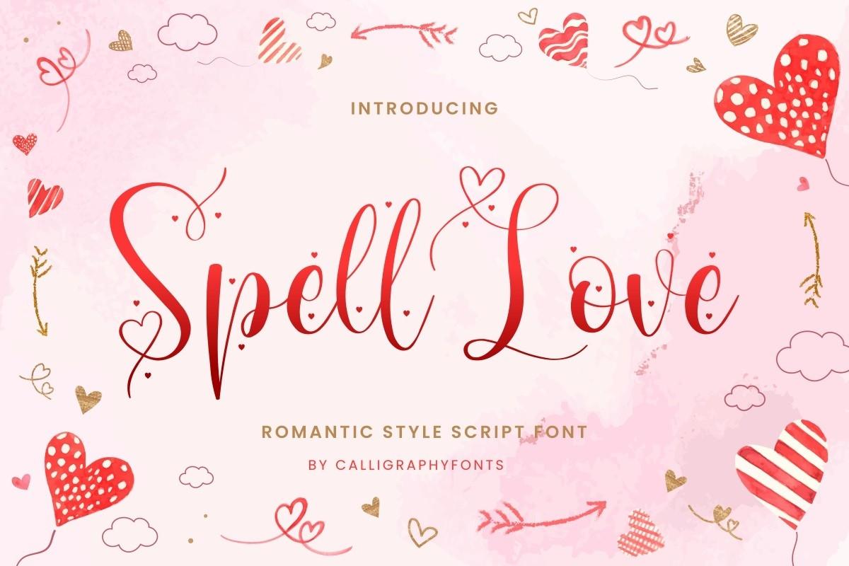 Spell Love Font by CalligraphyFonts, romantic script with heart loops in red font preview