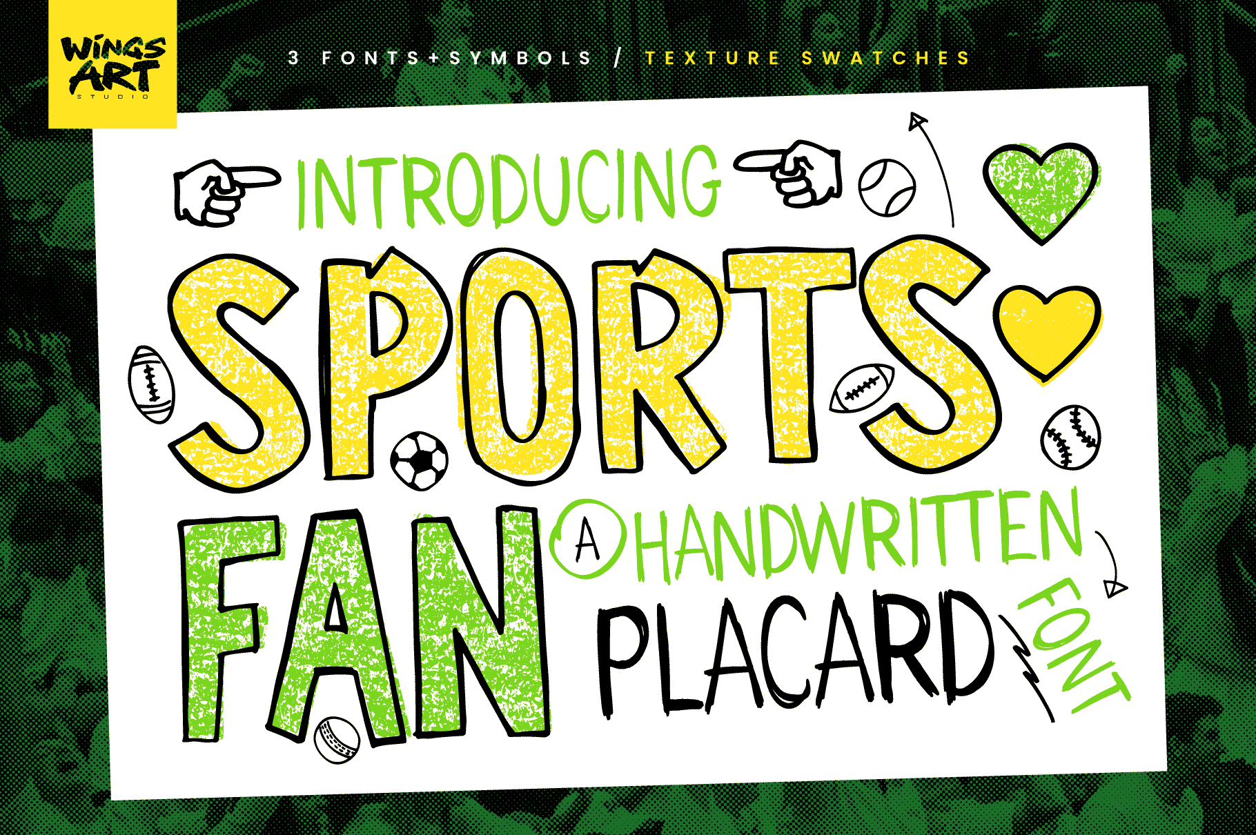Sports Fan Font by wingsart, handwritten placard lettering in yellow and green with doodled footballs and hearts