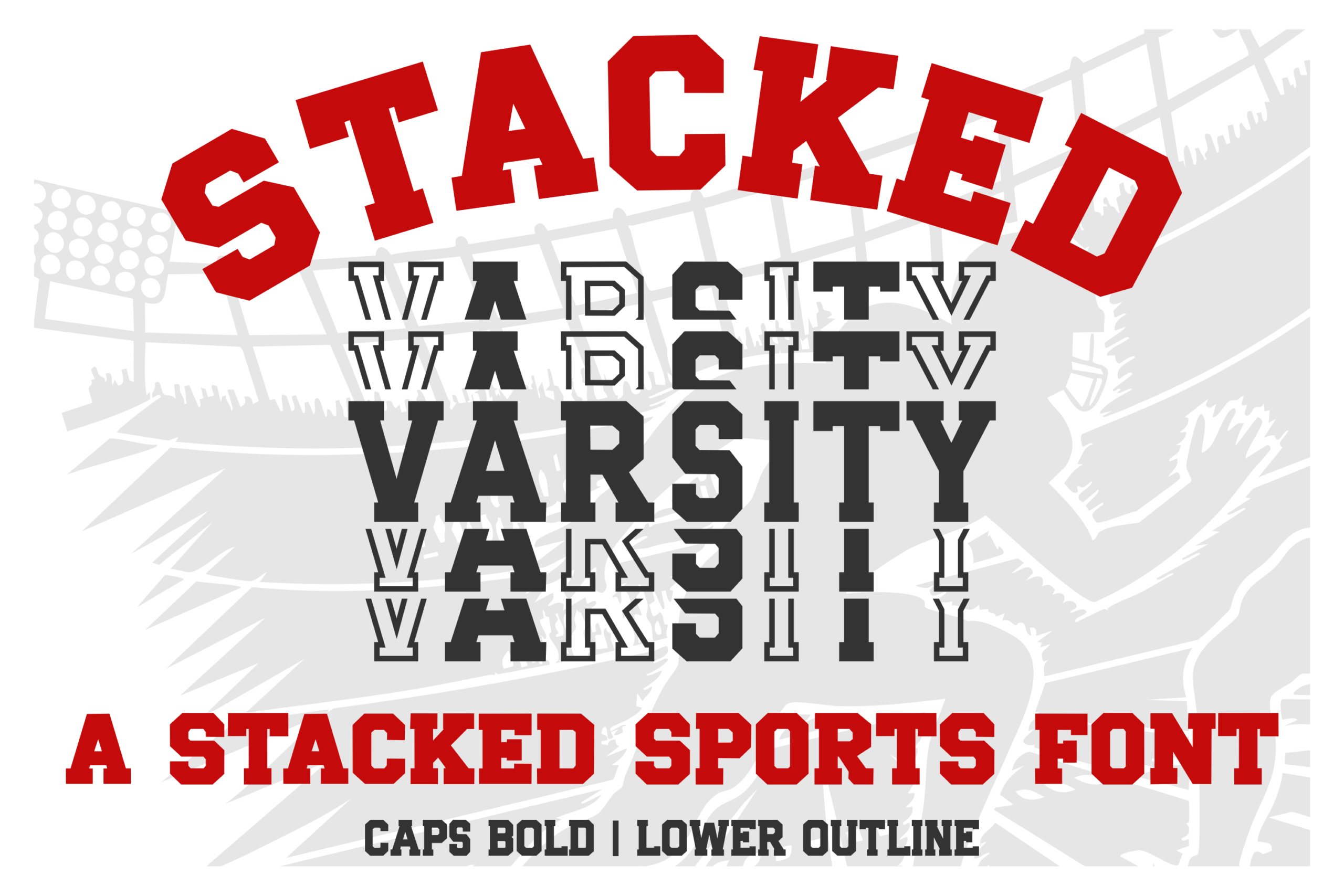 Stacked Varsity Font by TonisArtStudio, VARSITY repeated in stacked rows with outlined lines under a red arched STACKED