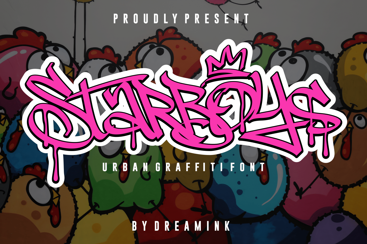Starboys Font by Dreamink (7ntypes), pink tag-style graffiti lettering with a crown font preview