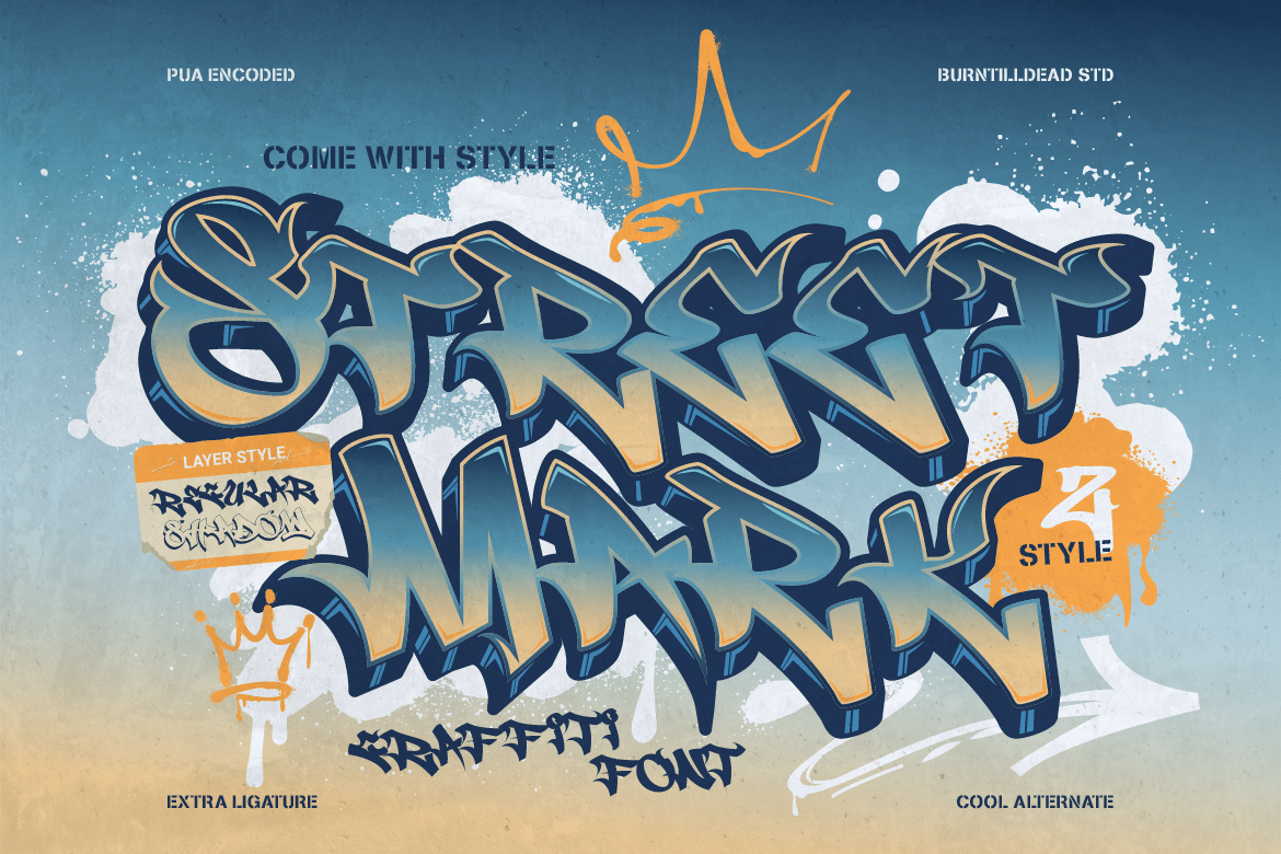 Streetmark Font by Burntilldead, 3D blue-gray blocky graffiti lettering with orange shadow font preview