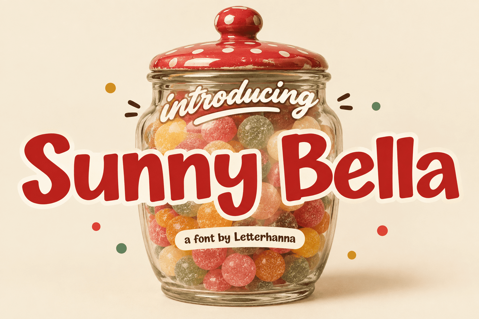 Sunny Bella Font by letterhanna, bold red rounded letters with a cream outline font preview