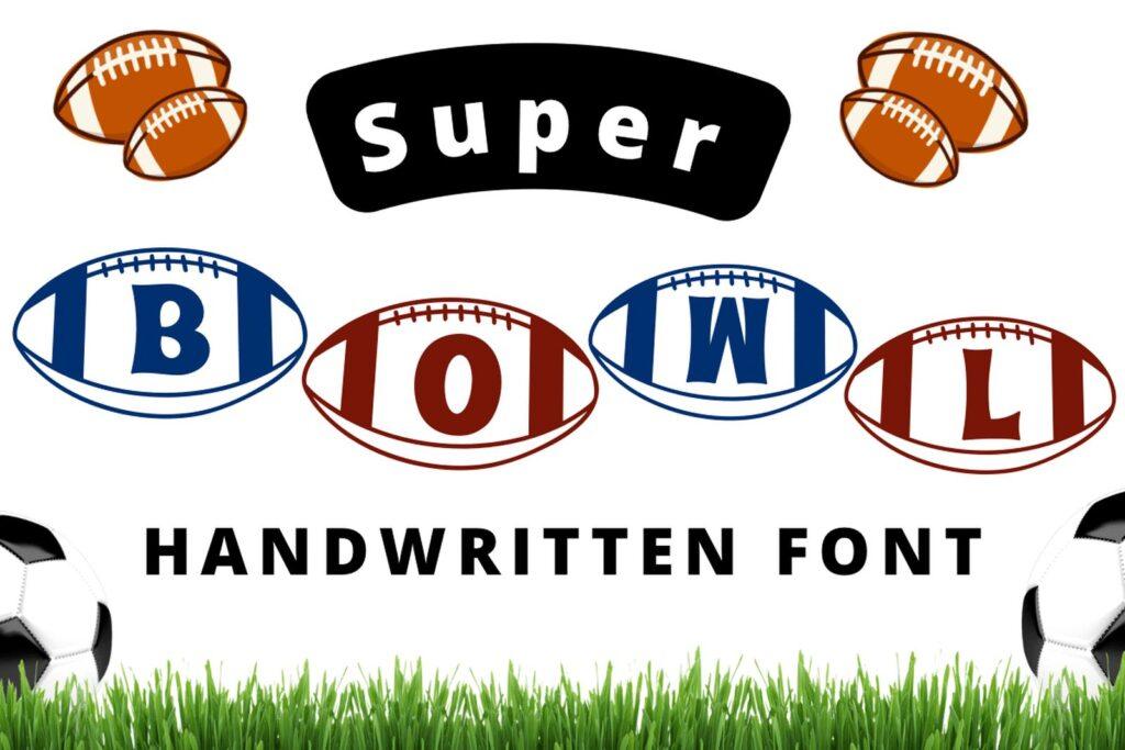 Super Bowl Font by Natchuta, handwritten letters inside blue, red and brown football shapes on grass