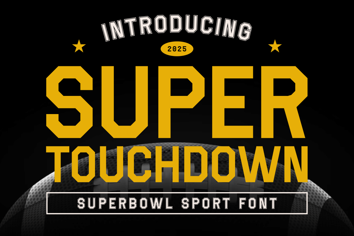 Super Touchdown Font by putracetol, bold yellow blocky capitals on a black background