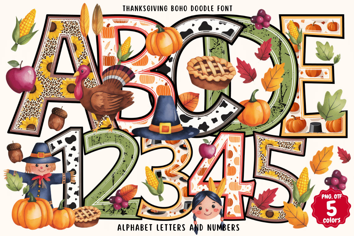 Thanksgiving Boho Doodle Font by VividDoodle, Thanksgiving doodle alphabet preview