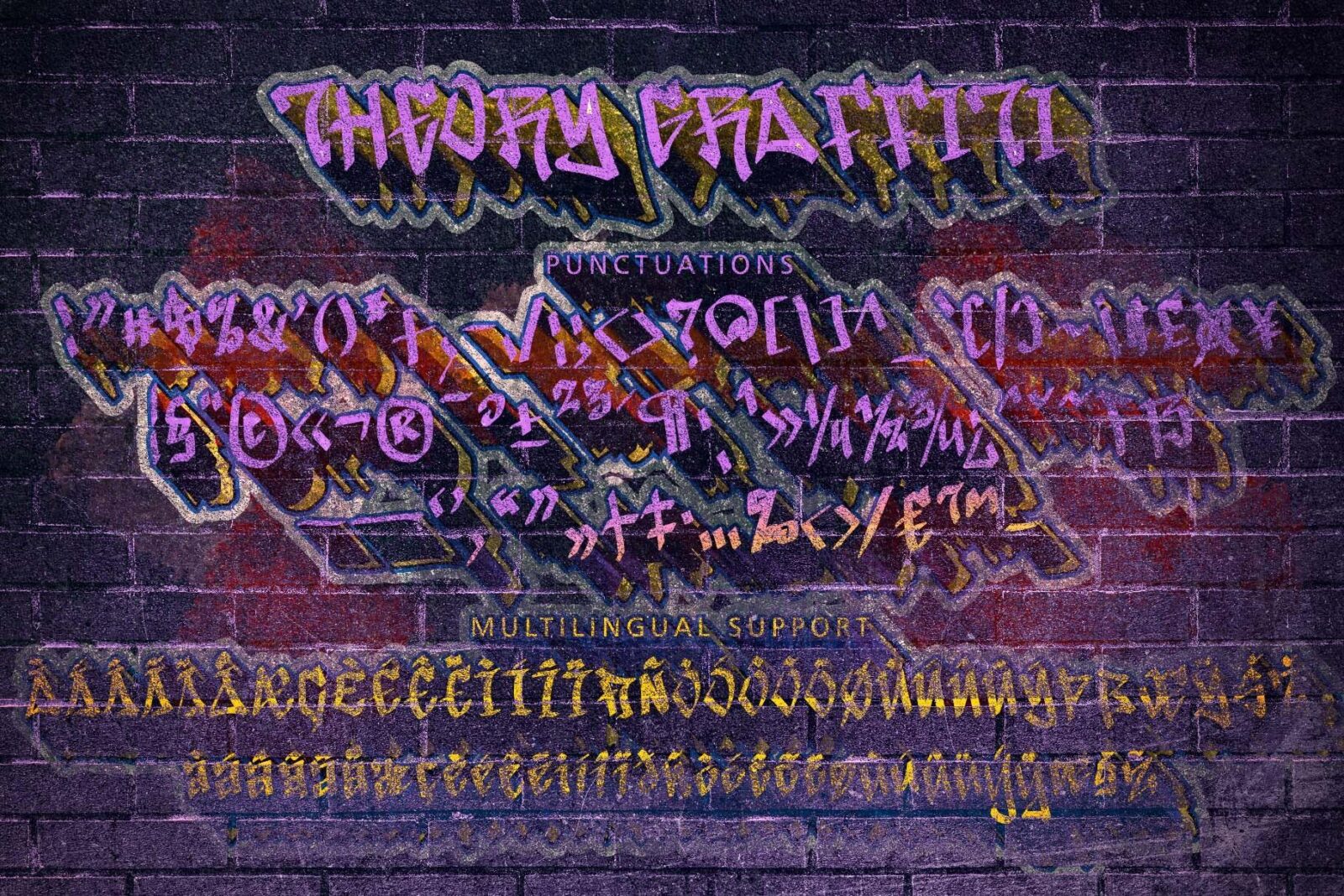Theory Graffiti Font by yogaletter6, urban graffiti letters and numbers on a brick wall font preview