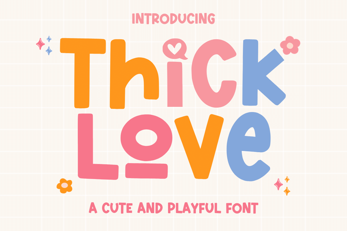 Thick Love Font by Sakti Avellin, thick soft letters in orange, pink and blue font preview