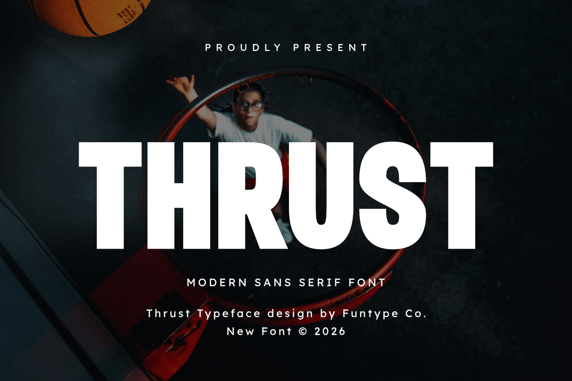 Thrust Font by Funtype Co., heavy condensed sans serif font preview