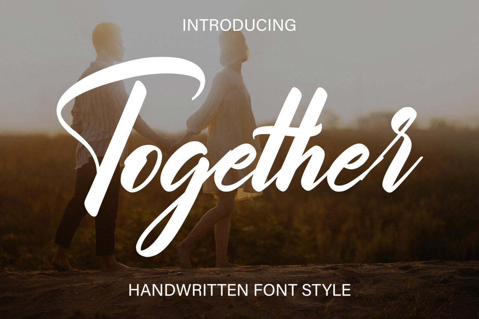 Together Font by TDC.Graphic, bold slanted brush script over a photo font preview