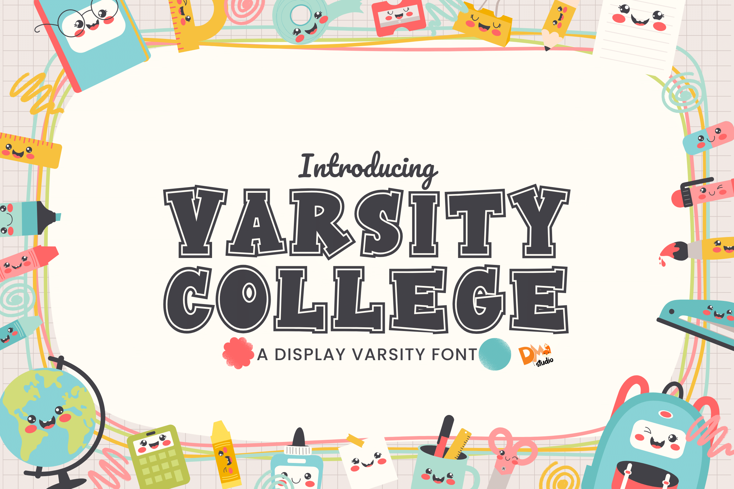 Varsity College Font by Sharon (DmStudio), dark grey square varsity capitals on a pastel school-supplies frame