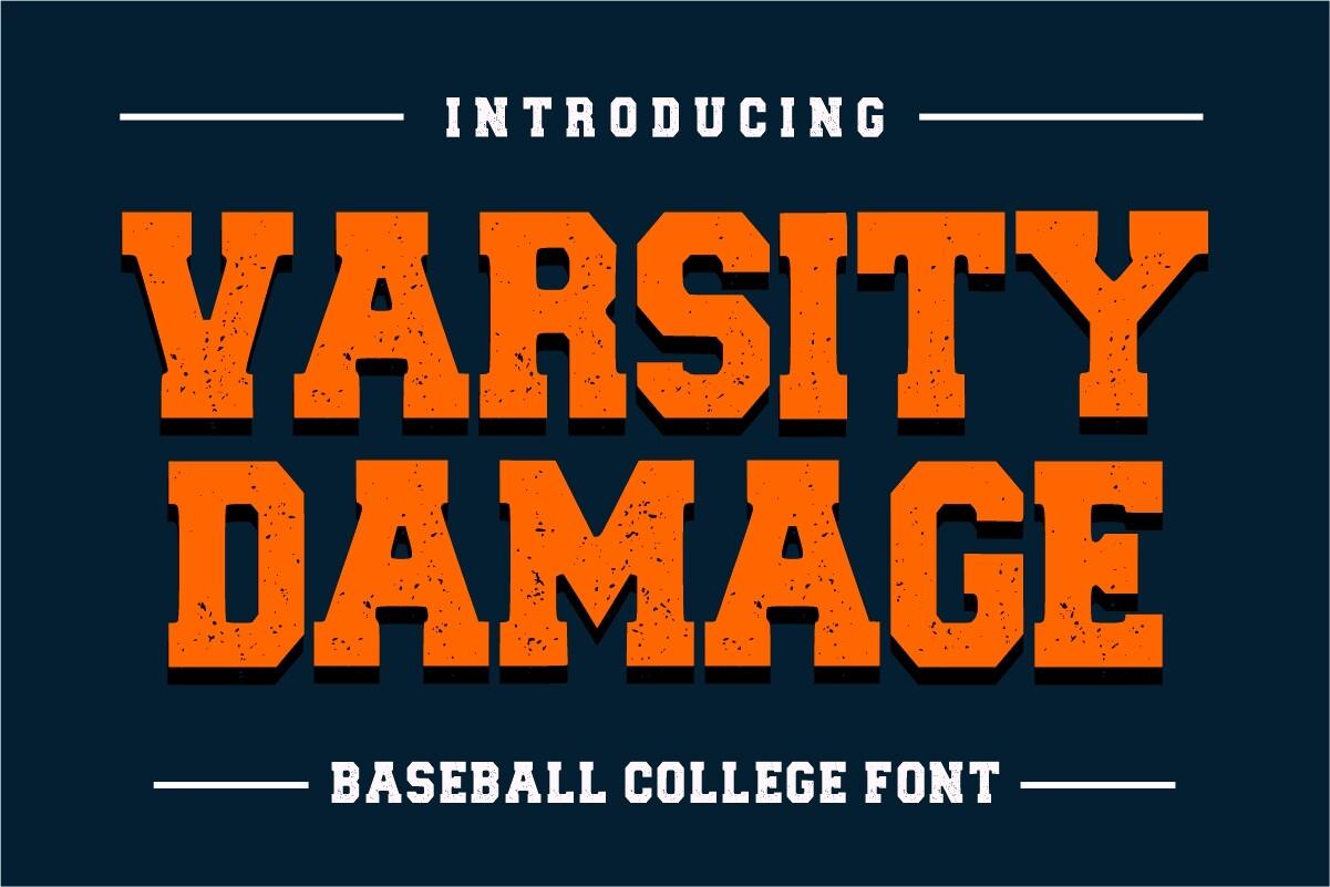 Varsity Damage Font by WNIdesign, bold distressed varsity block letters with a grunge texture