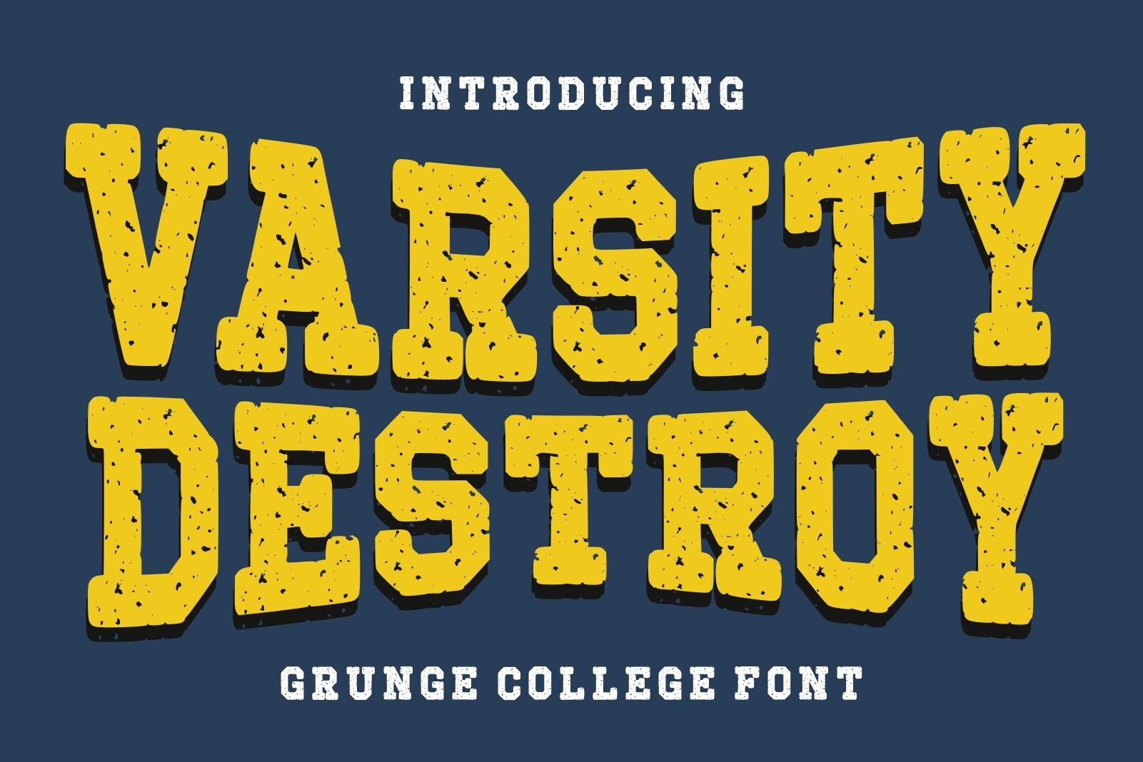 Varsity Destroy Font by Infinity art Studio, grunge college letters with bold block characters and distressed textures