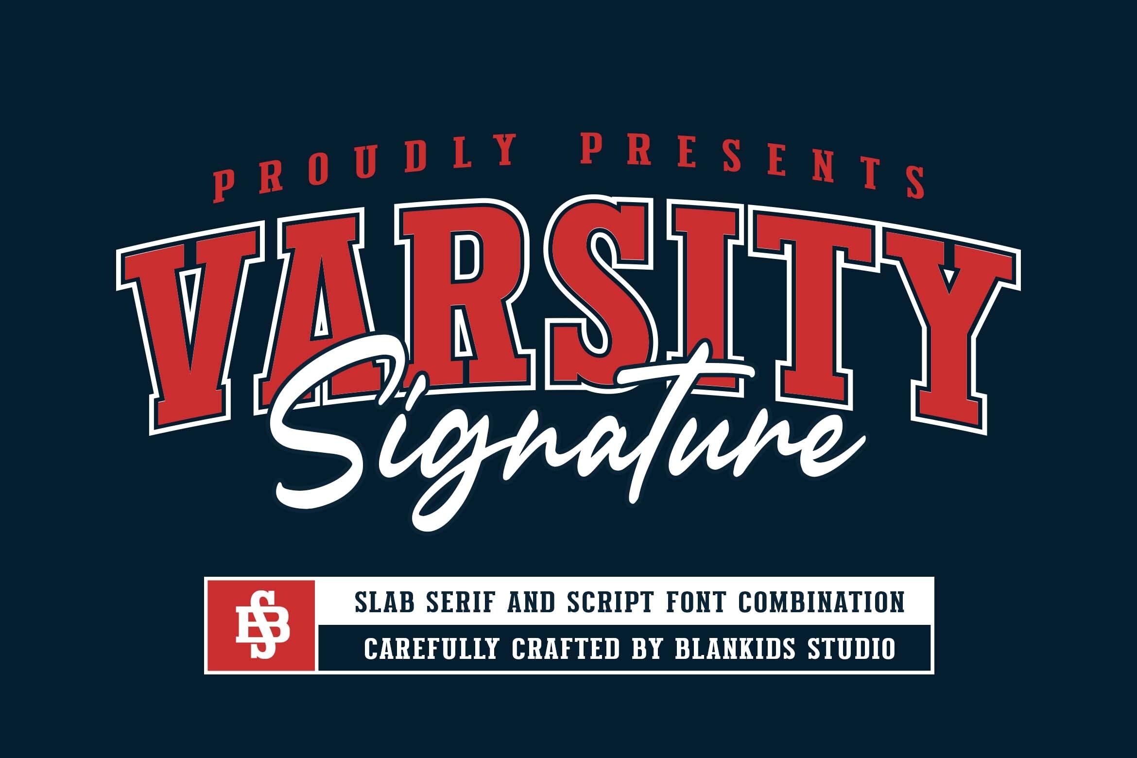 Varsity Signature Font by Blankids Studio, red slab varsity capitals with a white script signature word on navy