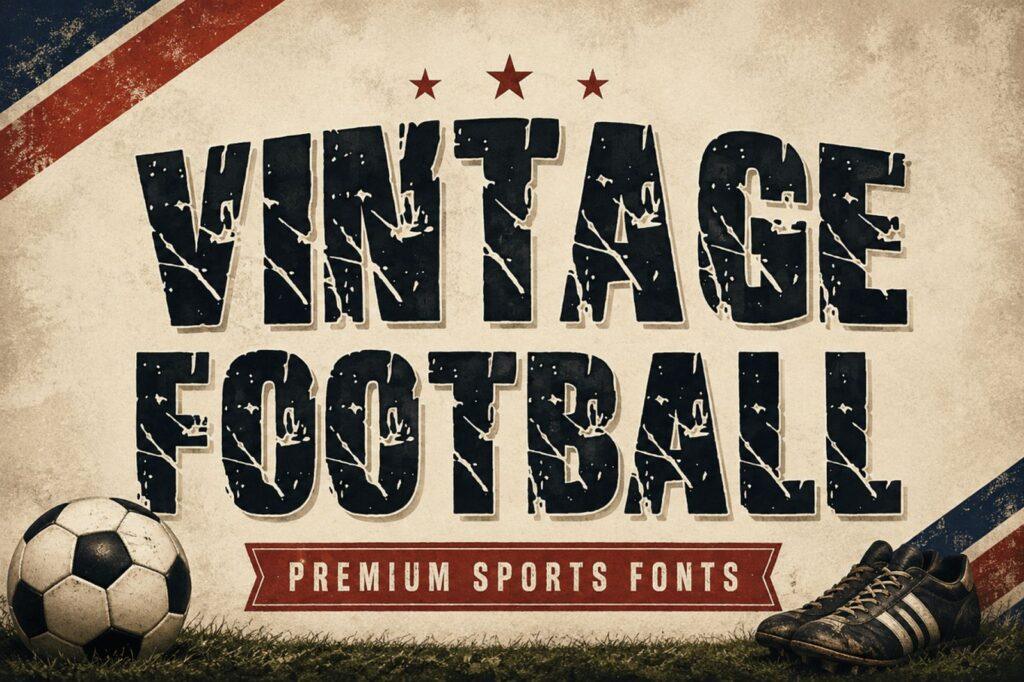 Vintage Football Font by anamalmusyaffaCreative, condensed blocky distressed capitals on a retro banner with stars
