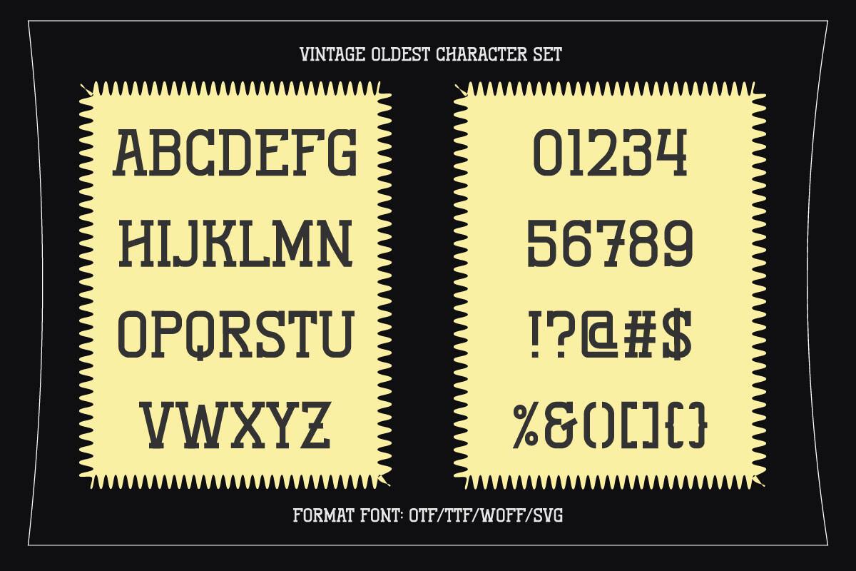 Vintage Oldest Font by Almairatype Studio, vintage slab serif character set with numbers font preview