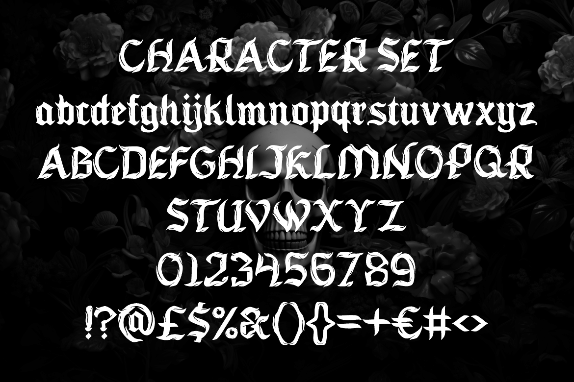 Vulture Kingdom Font by putracetol, hardcore blackletter character set with 0123456789 font preview