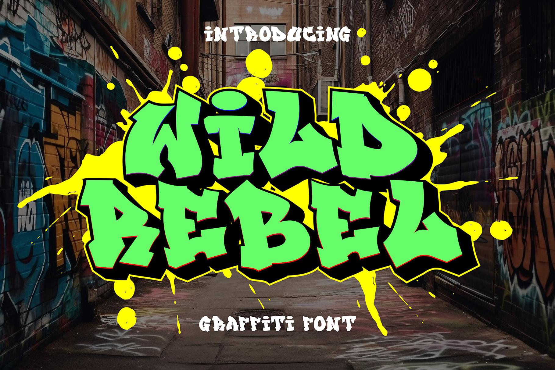 Wild Rebel Font by Cikareotype, neon green blocky graffiti letters with yellow splatter font preview