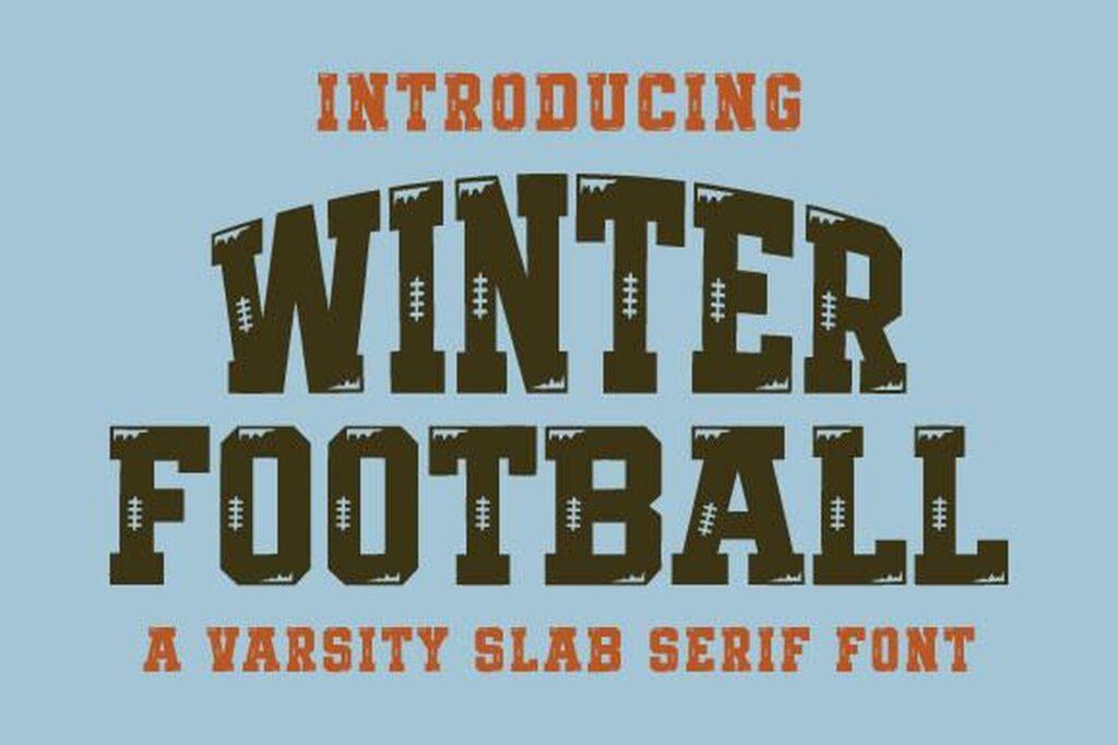 Winter Football Font by BlackCraft, dark brown varsity slab serif capitals on a pale blue background