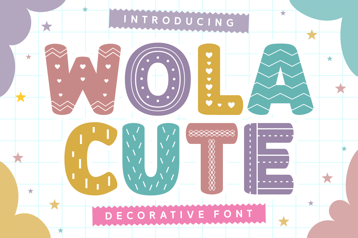 Wola Cute Font by Situjuh, pastel capitals filled with hearts, zigzags and stripes font preview