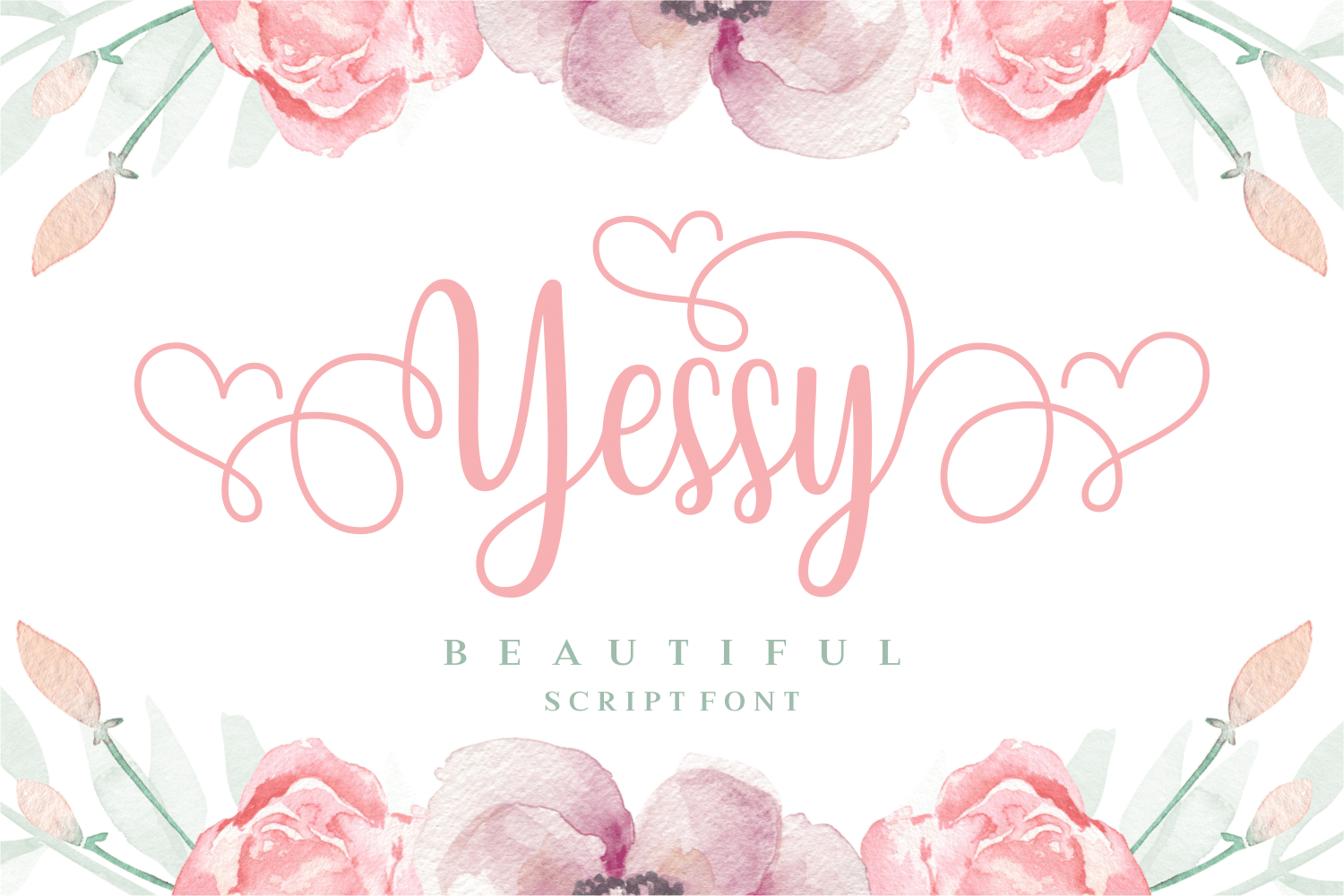 Yessy Font by Situjuh, script with heart-shaped swashes in pastel pink font preview