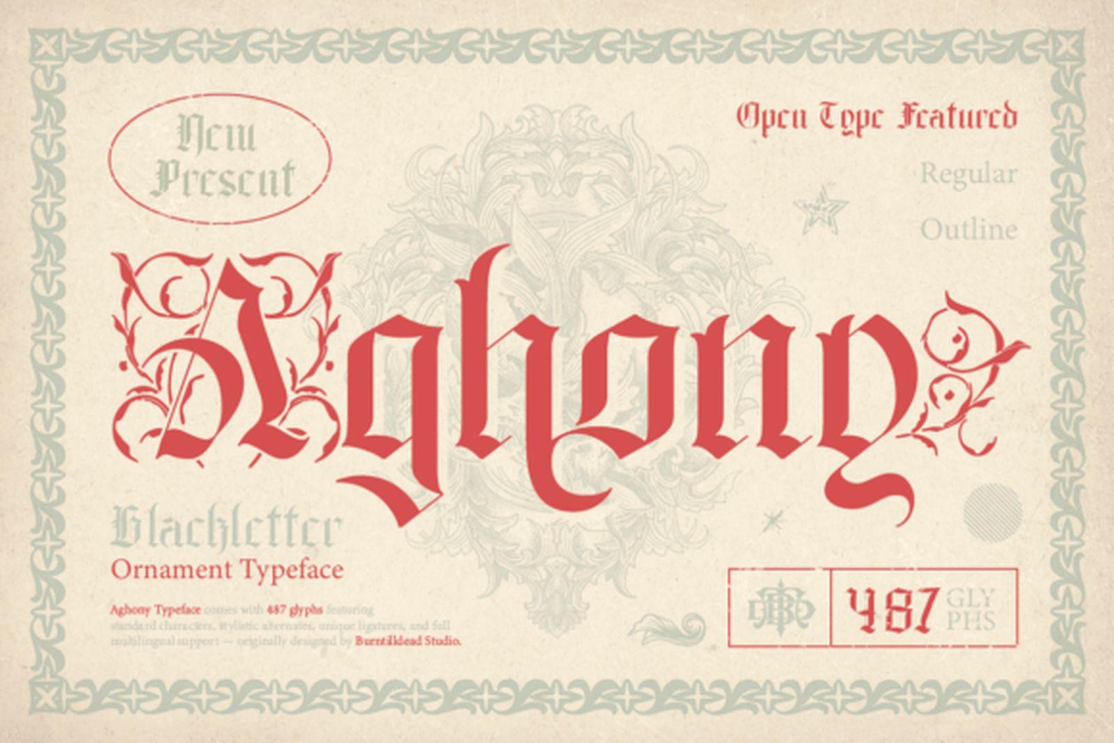 Aghony Font preview, ornament blackletter gothic tattoo font