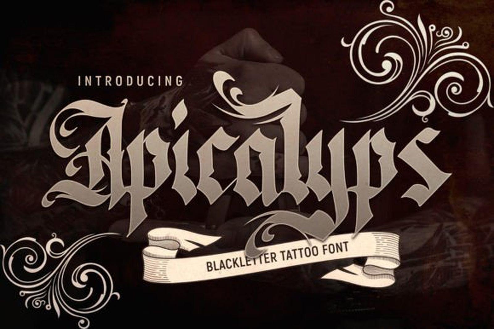 Apicalyps Font preview, Old English blackletter tattoo font for men with flourishes