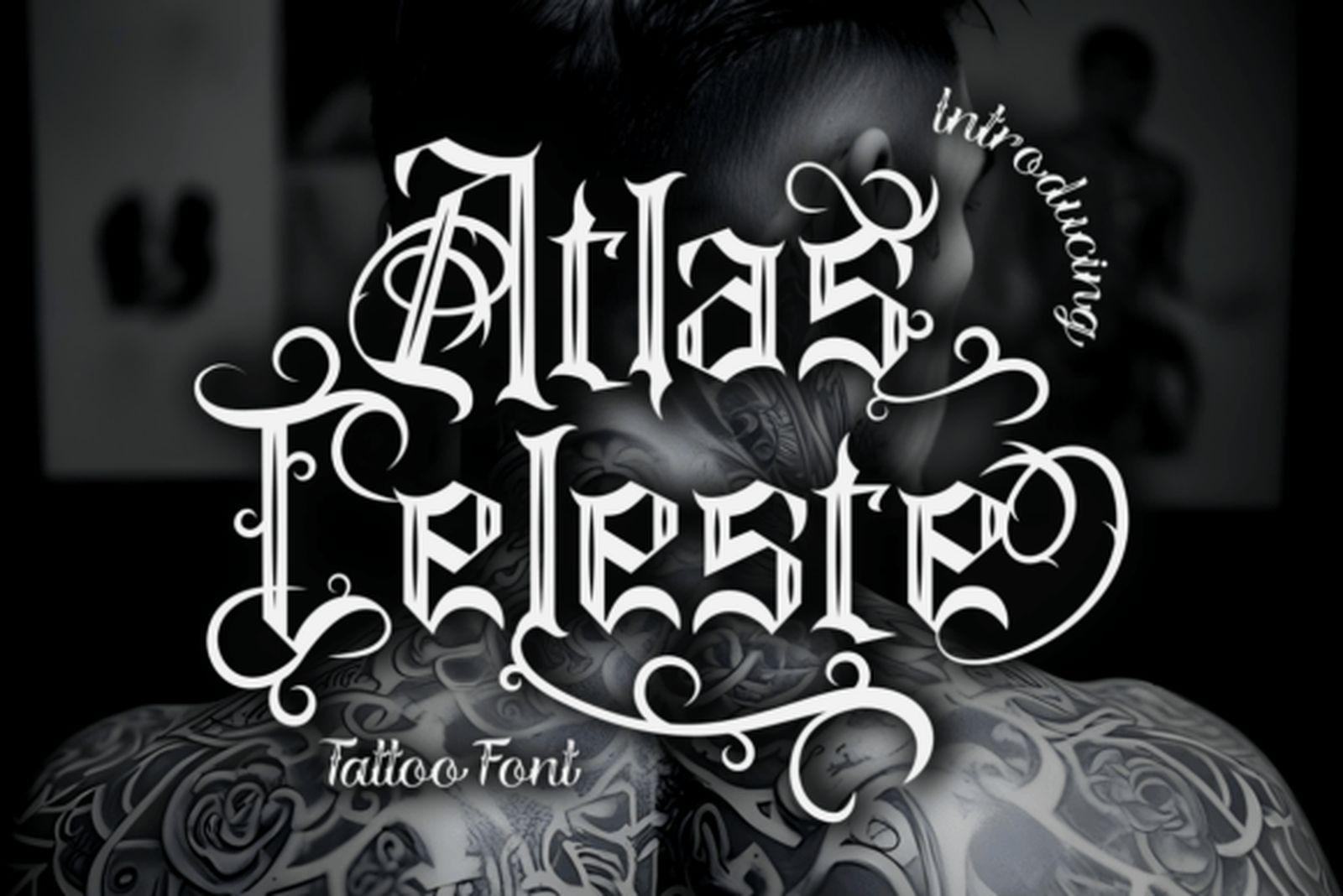 Atlas Celeste Font preview, blackletter script gothic tattoo font